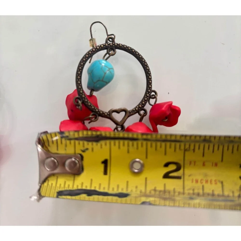 Vintage Skull Hoop Earrings Red Rose Turquoise Dangle Boho Gothic